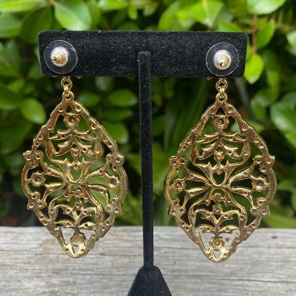 Gold & Blue Sparkly Rhinestone Dangle Statement Post Earrings Date Night Party - Picture 4 of 4